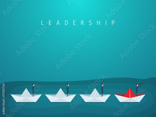 Businessman with monocular on paper boat as a symbol of business leadership. Visionary leading team, teamwork concept. Leadership concept. First place. Business success. Vector origami.