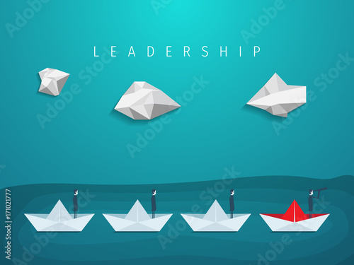 Businessman with monocular on paper boat as a symbol of business leadership. Visionary leading team, teamwork concept. Leadership concept. First place. Business success. Vector origami.