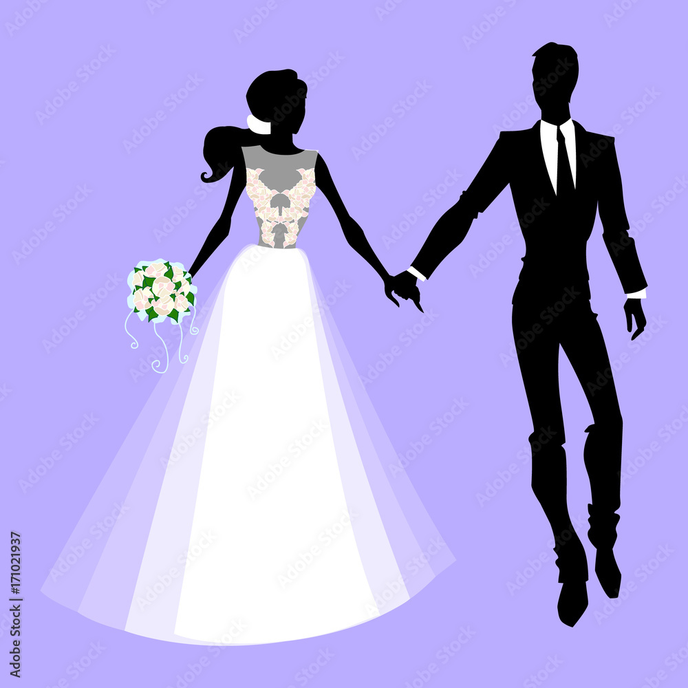 Vector illustration wedding silhouettes. The groom and the bride for cards and invitations.