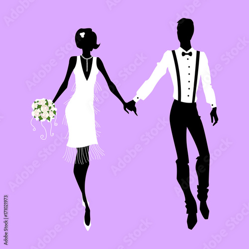 Wedding silhouettes in retro styles. Vector illustration.