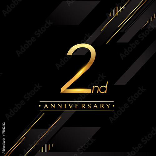 two years anniversary celebration logotype. 2nd anniversary logo golden colored isolated on black background, vector design for greeting card and invitation card.