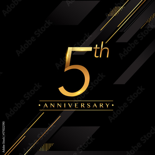 five years anniversary celebration logotype. 5th anniversary logo golden colored isolated on black background, vector design for greeting card and invitation card.
