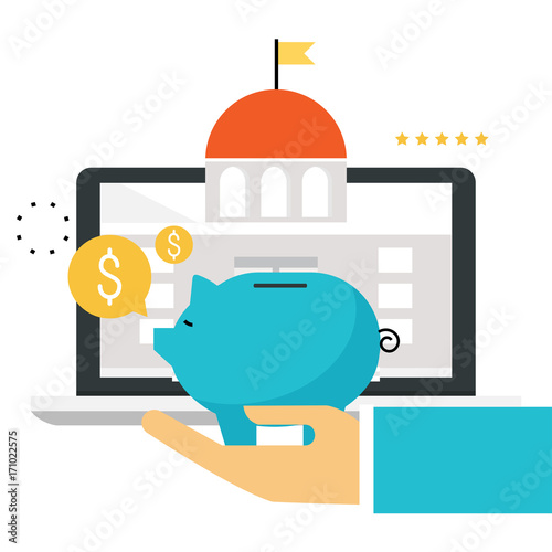  Banking and financial services. Online banking technology, savings, internet financial service, business investments flat vector illustration design for mobile and web graphics