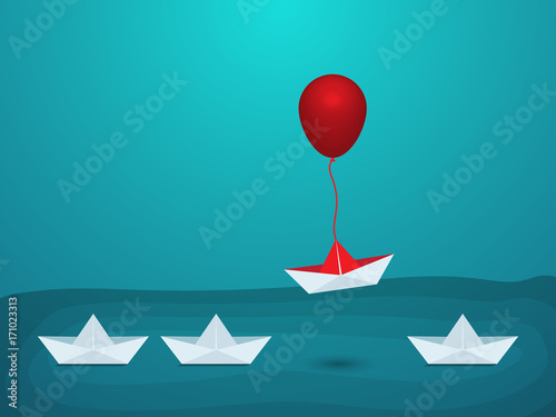 Outstanding the Boat rises above with balloon. Business advantage opportunities and success concept. Uniqueness, leadership, independence, initiative, strategy, dissent, think different.