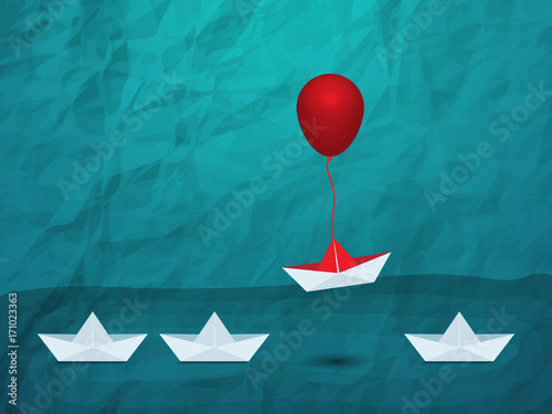 Outstanding the Boat rises above with balloon. Business advantage opportunities and success concept. Uniqueness, leadership, independence, initiative, strategy, dissent, think different.