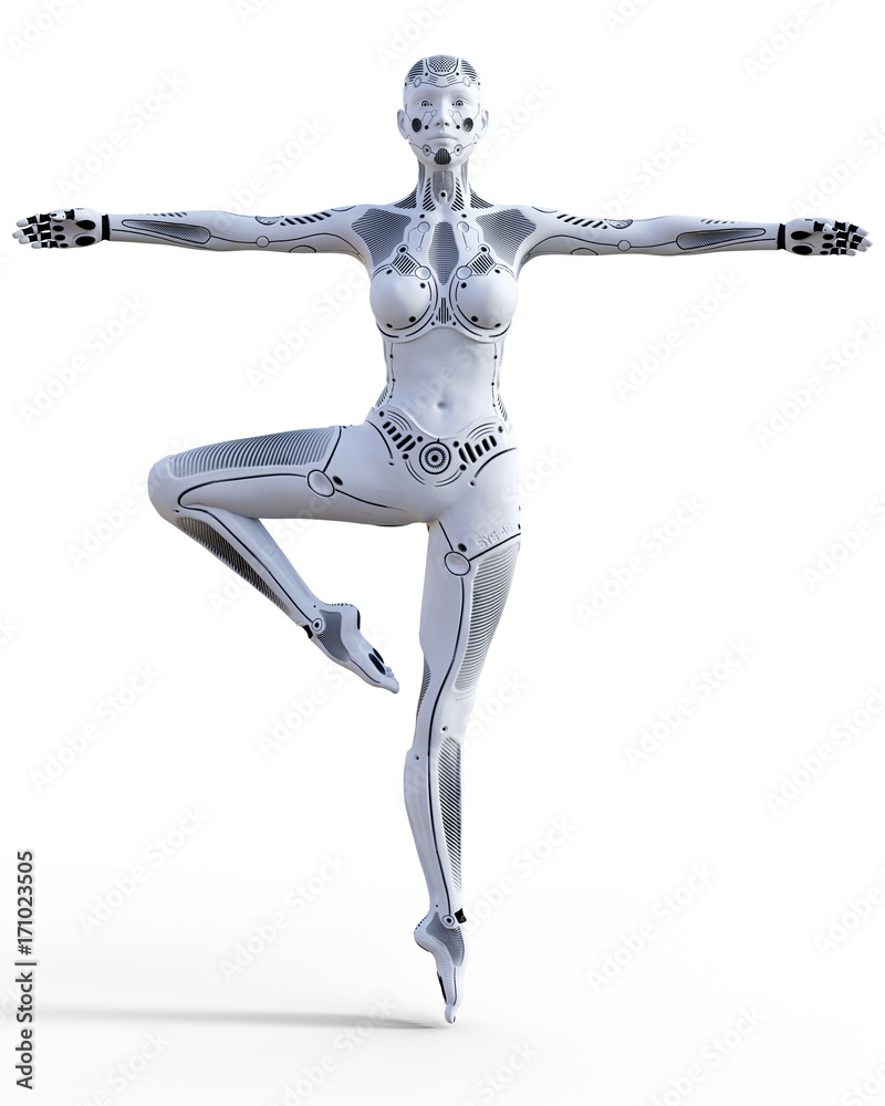 Dancing robot woman. White metal droid. Artificial Intelligence. Conceptual fashion art. Realistic 3D render illustration. Studio, isolate, high key. Dancing robot woman. White metal droid. Artificial Intelligence. Conceptual fashion art. Realistic 3D render illustration. Studio, isolate, high key.