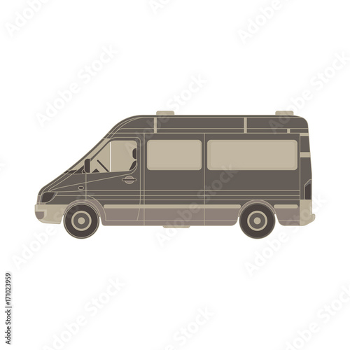 Vector van flat icon isolated. Vehicle side view truck illustration. Auto automobile black blank branding bus car cargo commercial.Deliver empty hippie service minivan template. Transport truck travel