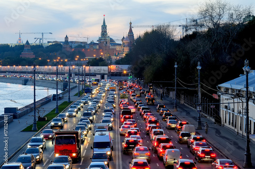Evening traffic jam near the Moscow Kremlin