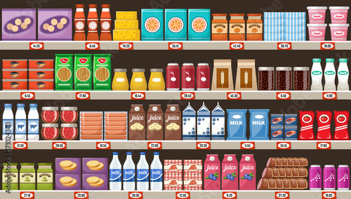 Supermarket, shelves with products and drinks