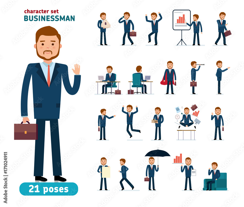 Ready to use character creation set. Businessman. Different poses and emotions, running, standing, sitting, walking. Full length, front, rear view isolated white background. Cartoon flat style Ready to use character creation set. Businessman. Different poses and emotions, running, standing, sitting, walking. Full length, front, rear view isolated white background. Cartoon flat style