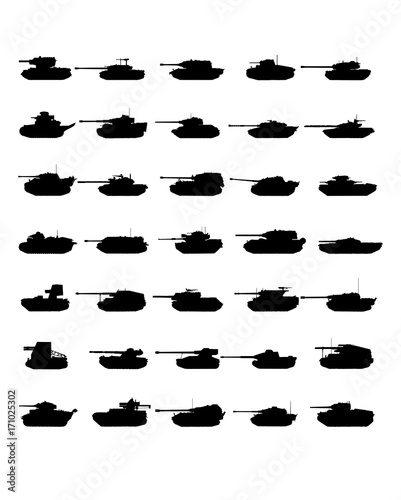Tank icon vector war military design silhouette set isolated army design machine force fire defense
