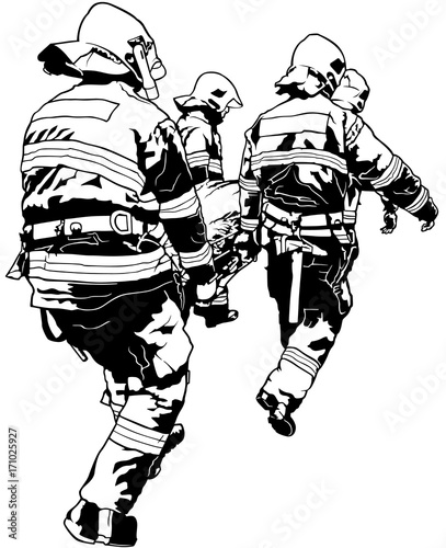 Firefighters and Saved Man on Stretcher - Black and White Illustration, Vector