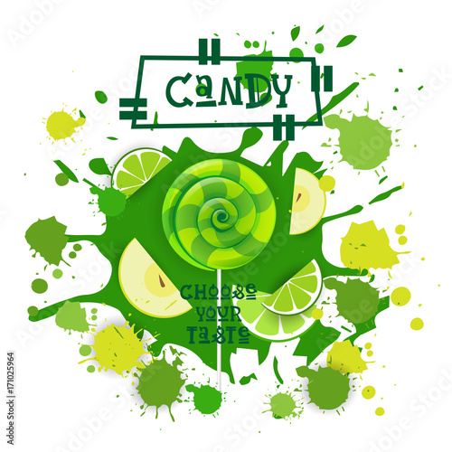 Candy Lime And Apple Lolly Dessert Colorful Icon Choose Your Taste Cafe Poster Vector Illustration