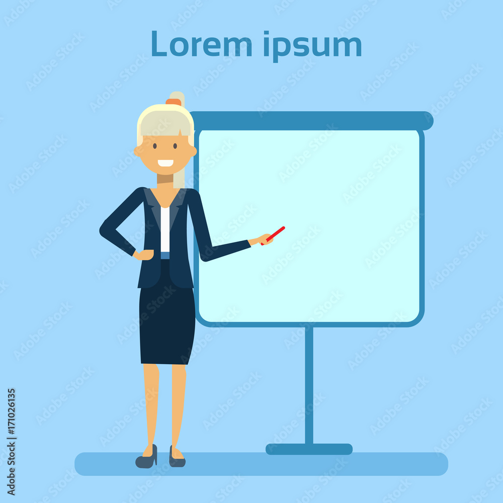 Businesswoman Pointing To Empty White Board, Showing An Copy Space, Business Woman Presentation Or Conference Concept Flat Vector Illustration