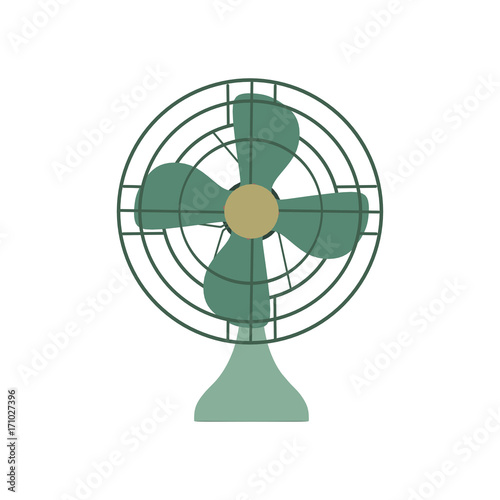 Vector Fan green electric front view design style. Circle symbol blower ceiling graphic element ventilation blade icon. Wind airflow silhouette air sign. Portable modern illustration retro vintage hot