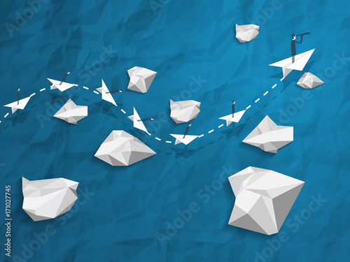 Businessman with monocular on paper plane as a symbol of business leadership. Visionary leading team, teamwork concept. Leadership concept. First place. Business success. Vector origami.