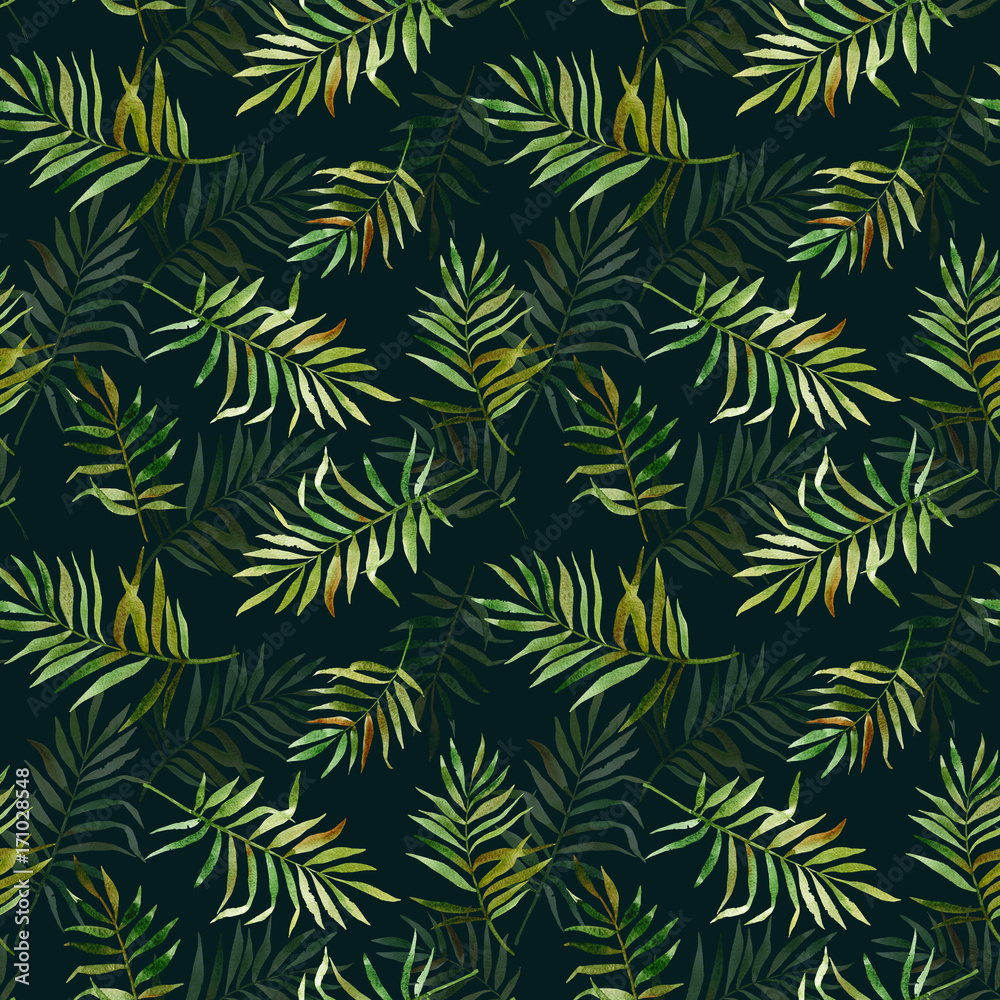Seamless pattern with watercolor tropical leaves. Can be used for gift wrapping, background of web pages, as a print for any printing products.