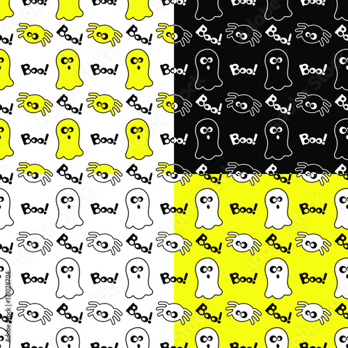 Set of four halloween ghost and spider seamless pattern background.