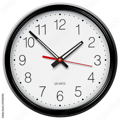 Vector classic round wall clock with circular graduations of the dial and the shiny black body isolated