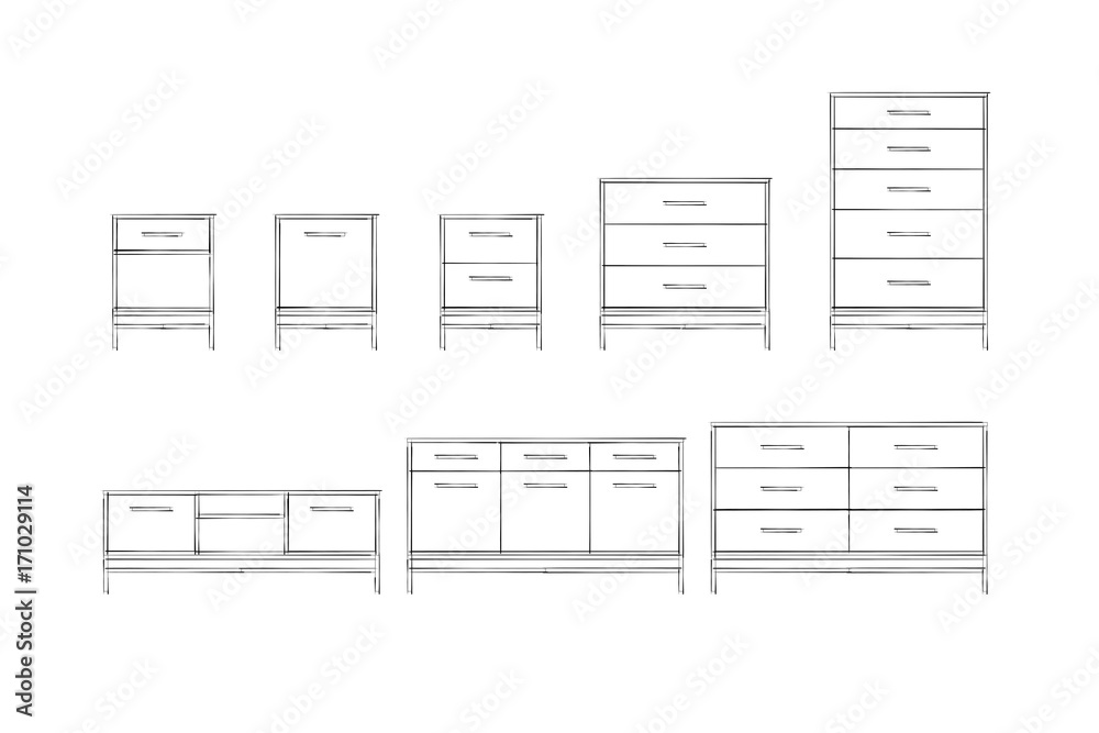 2d illustration. Modern chest of drawers collection isolated on white background. Furniture design. Simple, line, graphic, illustrator. Home Interior Design Software Programs.Project management. 2d illustration. Modern chest of drawers collection isolated on white background. Furniture design. Simple, line, graphic, illustrator. Home Interior Design Software Programs.Project management.