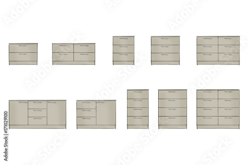 2d illustration. Modern chest of drawers collection isolated on white background. Furniture design. Simple, line, graphic, illustrator.