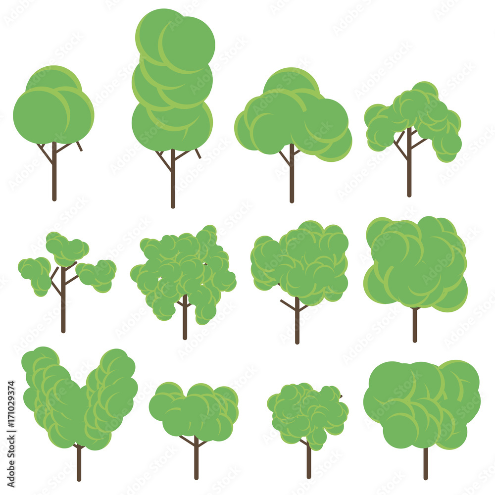 Tree set flat icon vector illustration. Green plant. Botany design eco floral forest garden natural