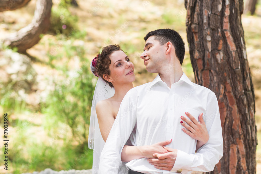 Bride and groom on a romantic moment on nature. Stylish wedding couple outdoors Bride and groom on a romantic moment on nature. Stylish wedding couple outdoors