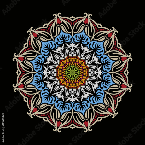 Ethnic decorative round element, Lace Patterns on black background.
