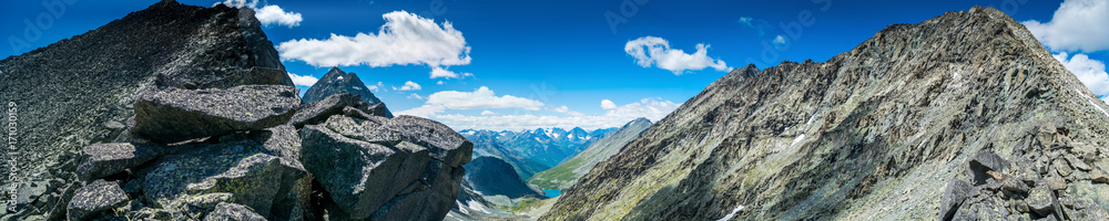 Panoramic view on mountain range with valley, mountain lakes and river, national park in Altai republic, Siberia, Russia