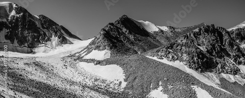 Black and white photo mountain peak with glacier, altai mountains