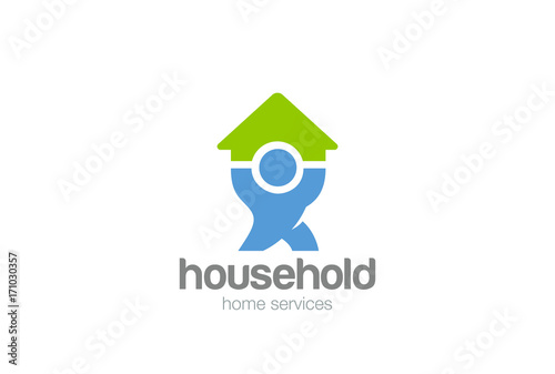 Household service Logo vector. Man holding House Logotype icon