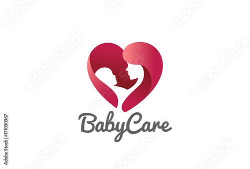 Mother holding Child baby Heart Logo vector. Clinic Care icon