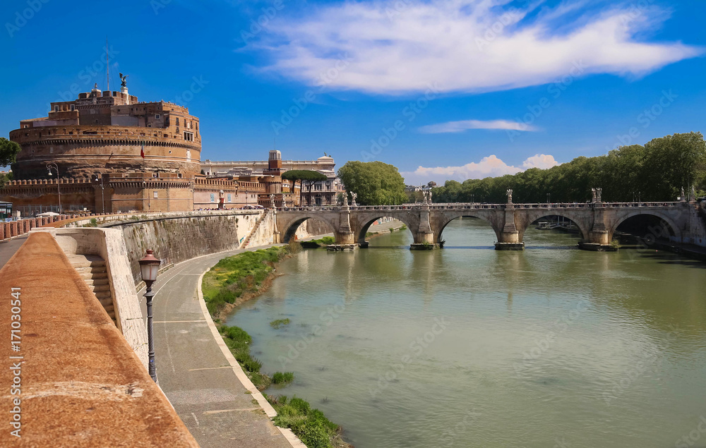 The famous St.Angelo Bridge and Castle , Rome, Italy