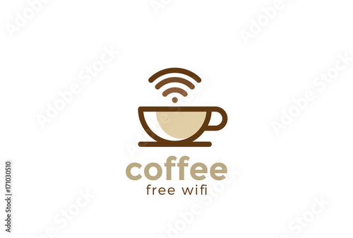 Coffee cup Cafe with free wifi Logo design vector Linear style