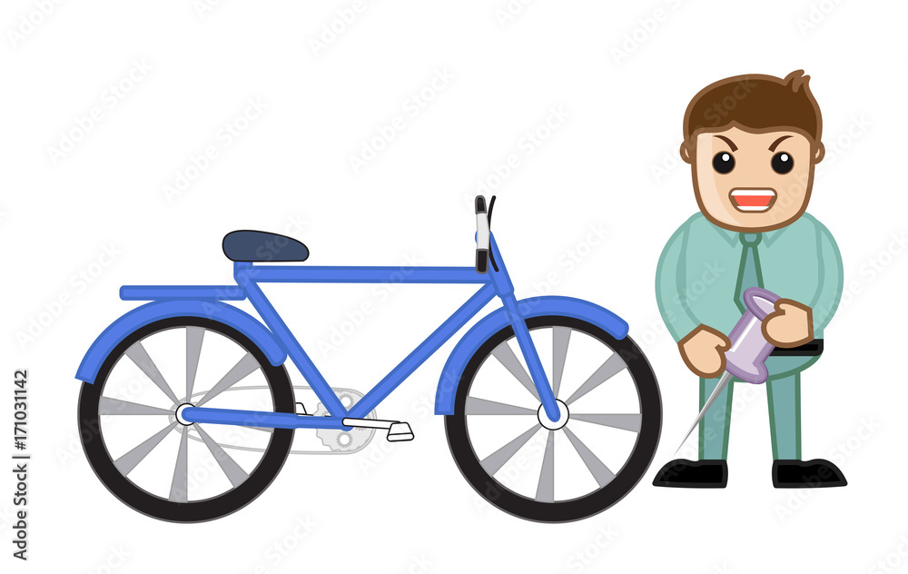 Funny Bad Boy Holding Pin to Puncture Cycle Funny Bad Boy Holding Pin to Puncture Cycle
