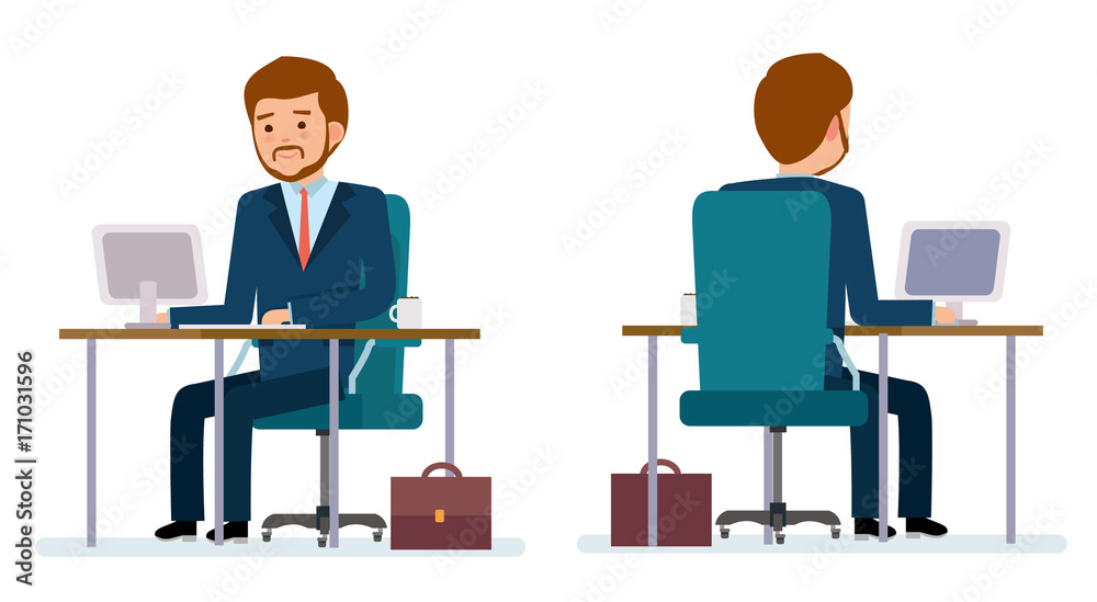 Ready to use character creation set. Businessman sitting at the table and working on the computer. Business, office work, workplace. Flat design vector illustration. Ready to use character creation set. Businessman sitting at the table and working on the computer. Business, office work, workplace. Flat design vector illustration.