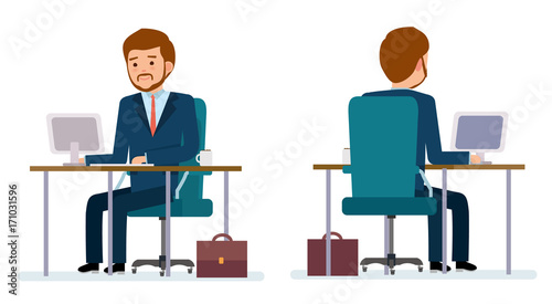 Ready to use character creation set. Businessman sitting at the table and working on the computer. Business, office work, workplace. Flat design vector illustration.