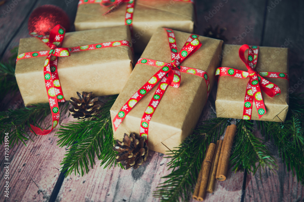 Christmas gift box and decoration old wooden background