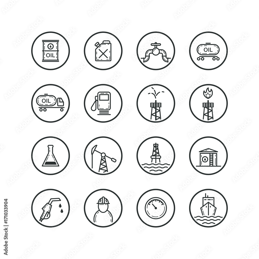 set of round black and white oil production icons set of round black and white oil production icons
