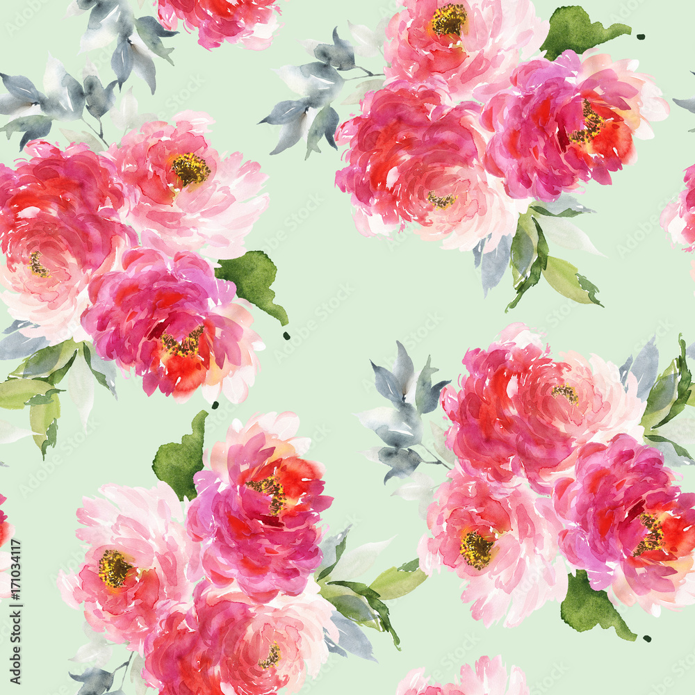 Obraz premium Seamless summer pattern with watercolor flowers handmade.