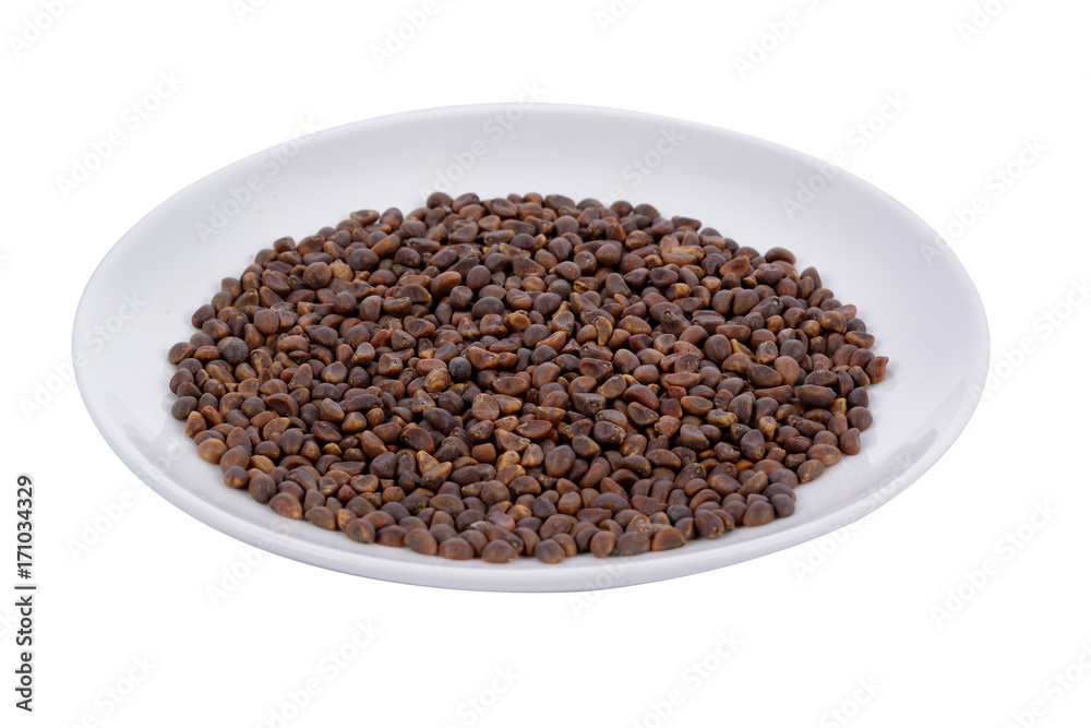 Morning glory seed in white plate on white background Morning glory seed in white plate on white background