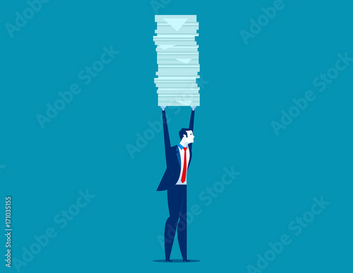 Businessman holding a lot of documents. Concept business vector illustration.