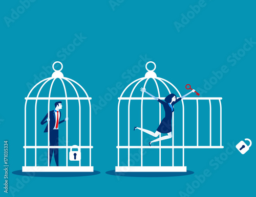 Freedom concept. Business team locked and key free himself from cage. Concept business vector illustration.