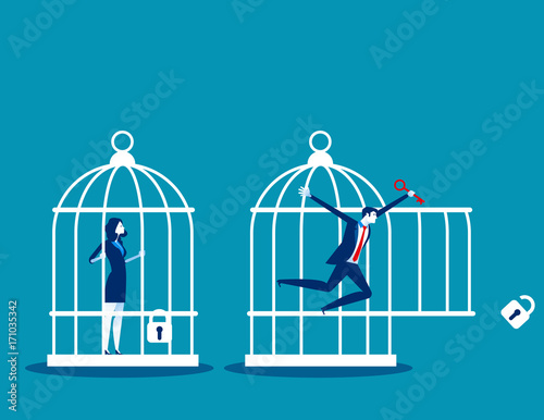 Freedom concept. Business team locked and key free himself from cage. Concept business vector illustration.