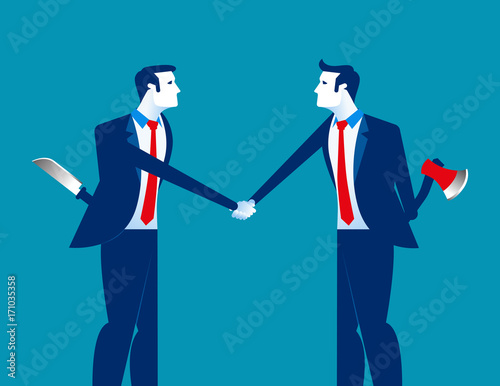 Handshake and weapons. Business partnership with rivalry and distrust. Concept business vector illustration.