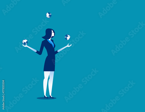 Businesswoman juggling with planet earth globes. Concept business vector illustration.