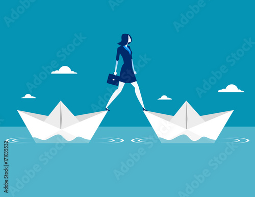 Businesswoman standing two paper boat. Concept business vector illustration.
