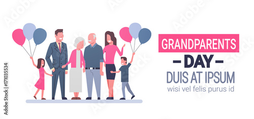 Happy Grandparents Day Greeting Card Banner Big Family Together Vector Illustration