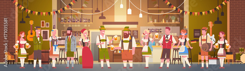 Group Of People Drink Beer In Bar Oktoberfest Party Celebration Man And Woman Wearing Traditional Clothes Fest Concept Flat Vector Illustration