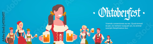 Group Of Man And Woman Wearing German Traditional Clothes Waiters Holding Beer Mugs Oktoberfest Party Concept Flat Vector Illustration